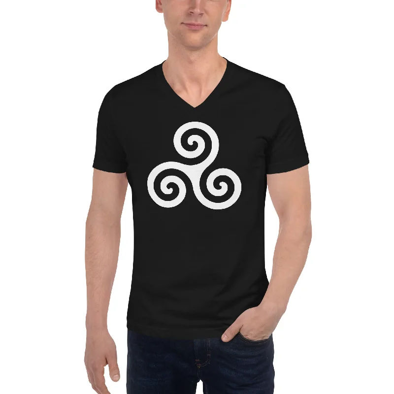 White Triskelion or Triskeles Spiral Archimedean Symbol Short Sleeve V-Neck T-Shirt Real Fur Shearling Chenille White Triskelion or Triskeles Spiral Archimedean Symbol Short Sleeve V-Neck T-Shirt Real Fur Shearling Chenille